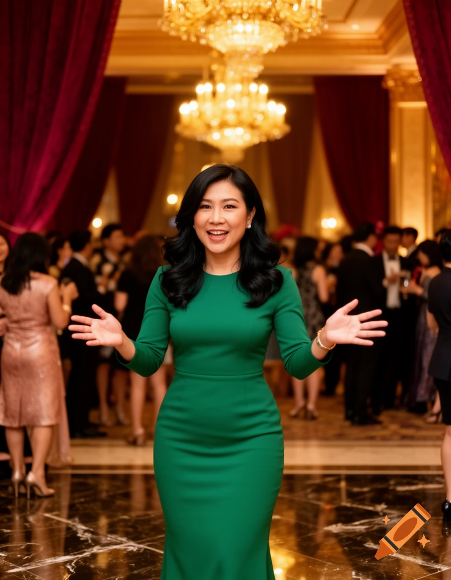 A smiling woman in a long-sleeved green dress stands at a formal party with chandeliers and blurred guests in the background.