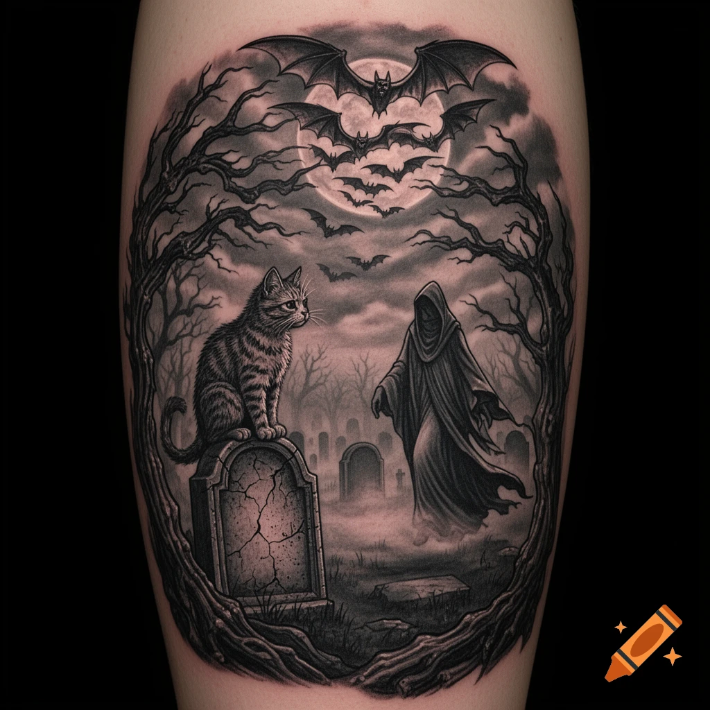 Gothic tattoo of a cat on a cracked tombstone, facing a grim reaper in a spooky graveyard with bare trees, bats, and a full moon.