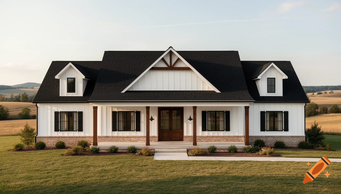 Photorealistic modern farmhouse with white board and batten siding, black roof, dark wood accents, and a brick foundation in a rural setting.