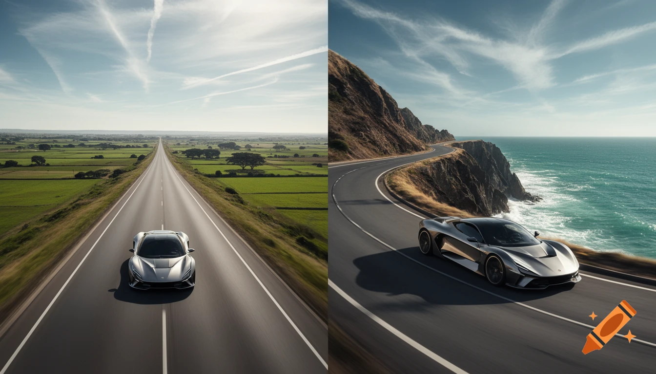 A silver sports car on a long straight road through fields, split with the same car on a winding coastal road by the ocean.