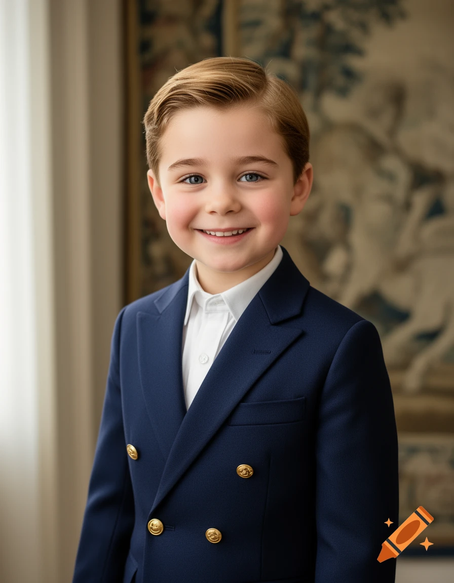 A smiling young boy with blond hair and blue eyes in a navy blue double-breasted suit, captured in a photorealistic portrait.