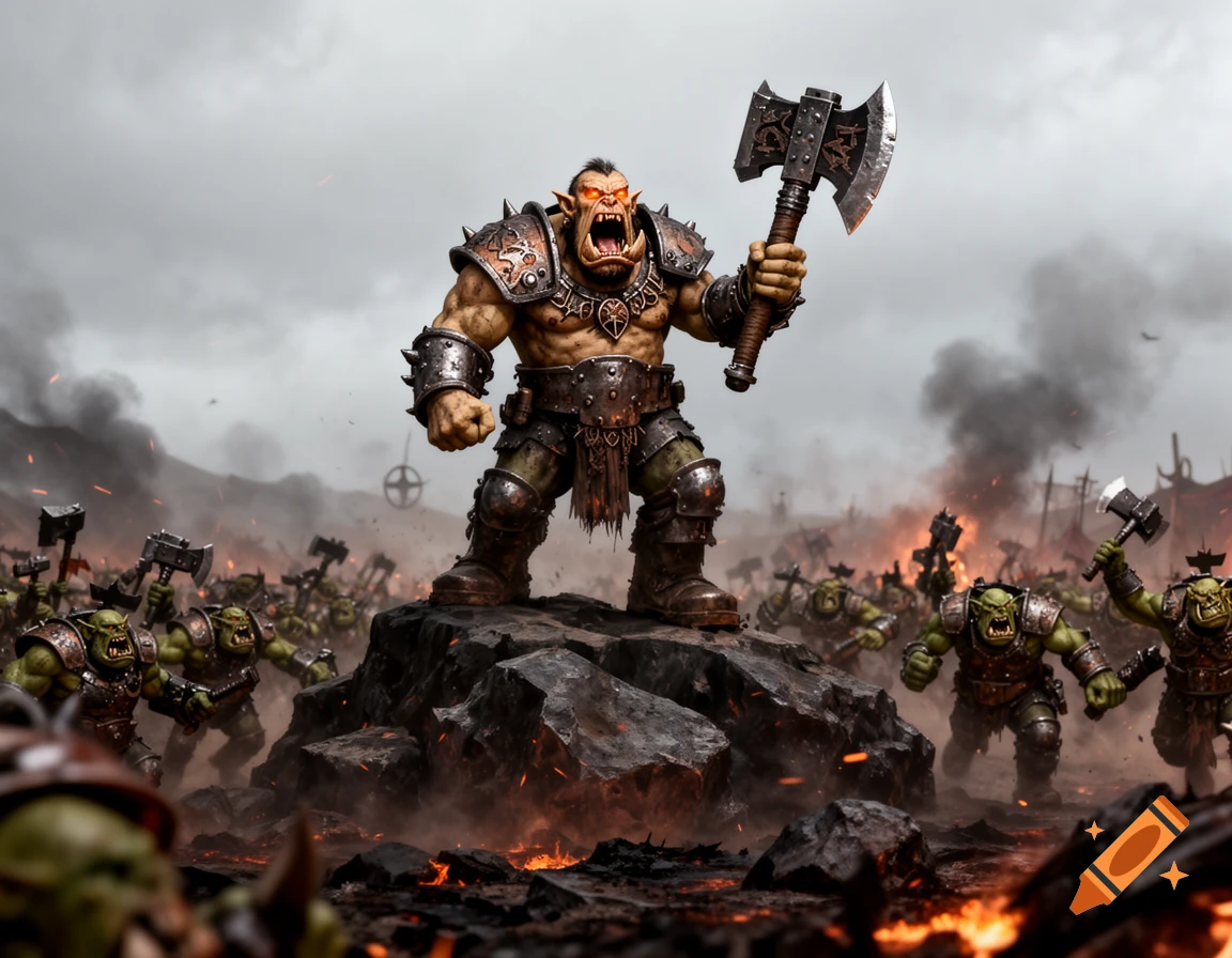 A large orc commander with an axe leads an army of orcs on a fiery, smoke-filled battlefield under a grey sky.