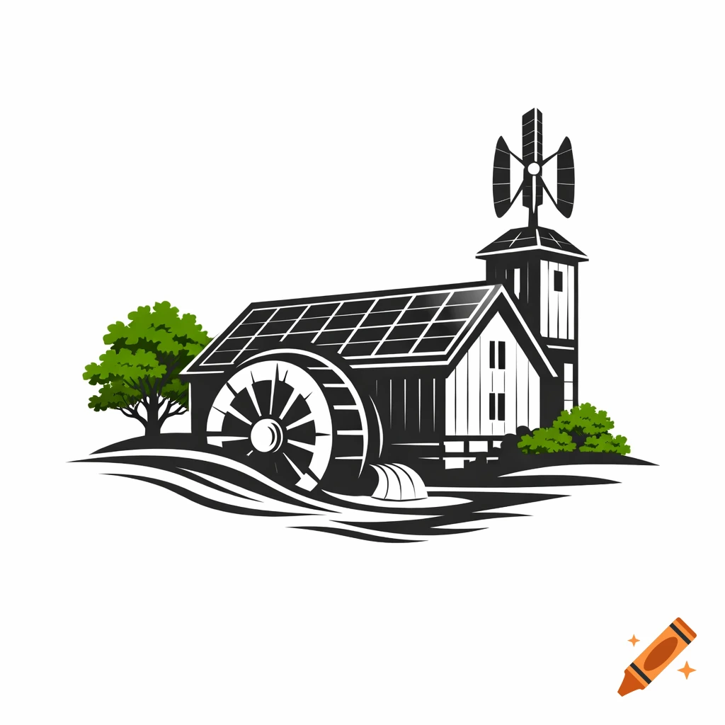 A stylized logo featuring a watermill with a large water wheel, solar panels on its roof, and a tower with a vertical-axis wind turbine on top. Green trees and bushes surround the mill, all rendered in black, grey, and green tones on a white background.