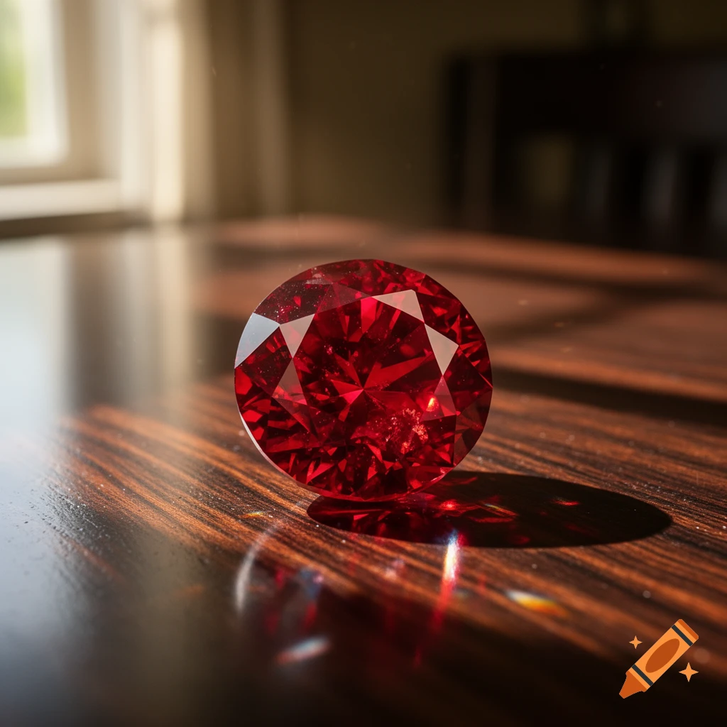 A red faceted gem on a dark wooden table, illuminated by sunlight casting reflections.