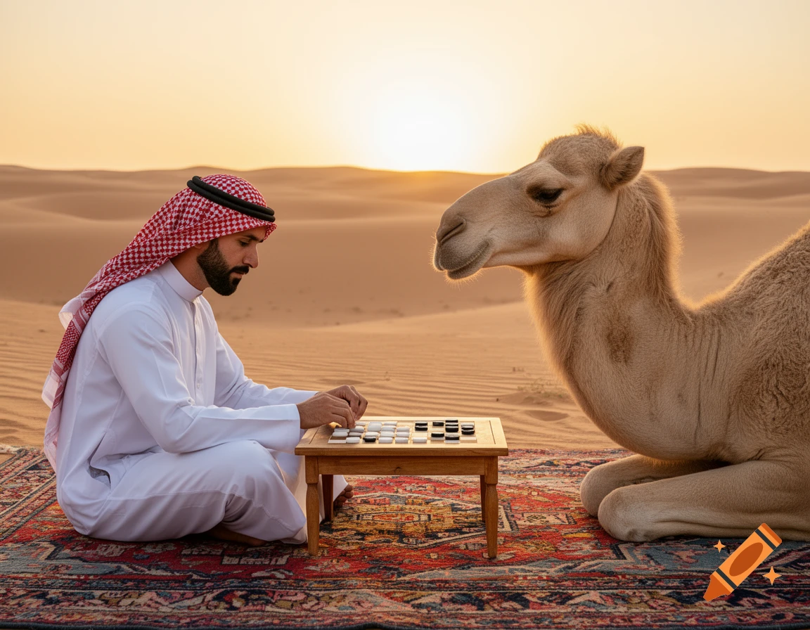 A man in traditional attire and a camel play dama on a rug in the desert at sunset.