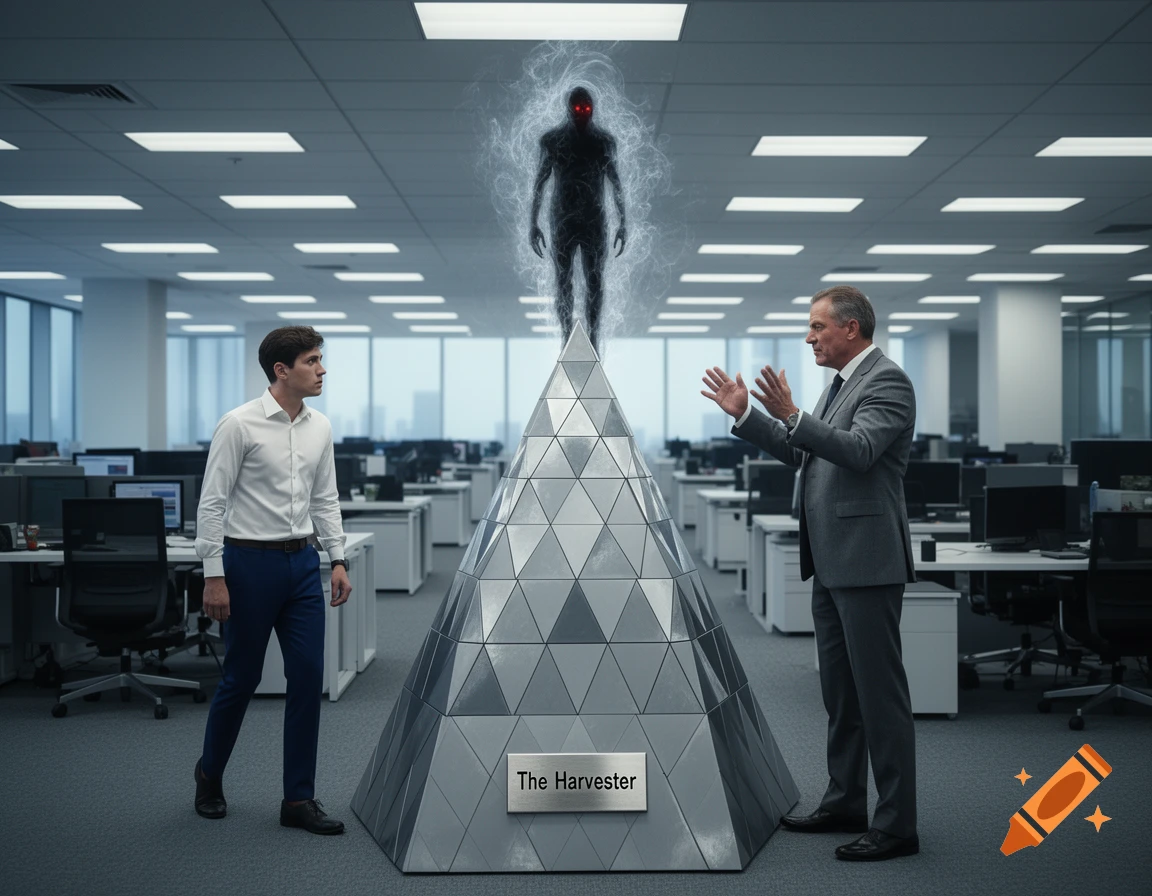 In a modern office, an employee observes his boss summoning "The Harvester," a shadowy demon with red eyes, from a metallic pyramid.