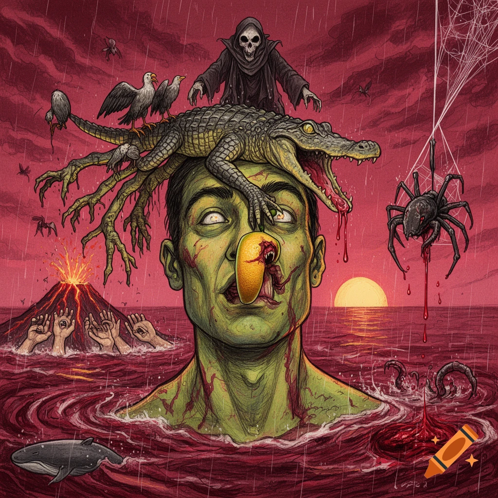 Stylized macabre illustration of a green-skinned man's head in blood-red water, with a crocodile, grim reaper, spiders, and volcano.