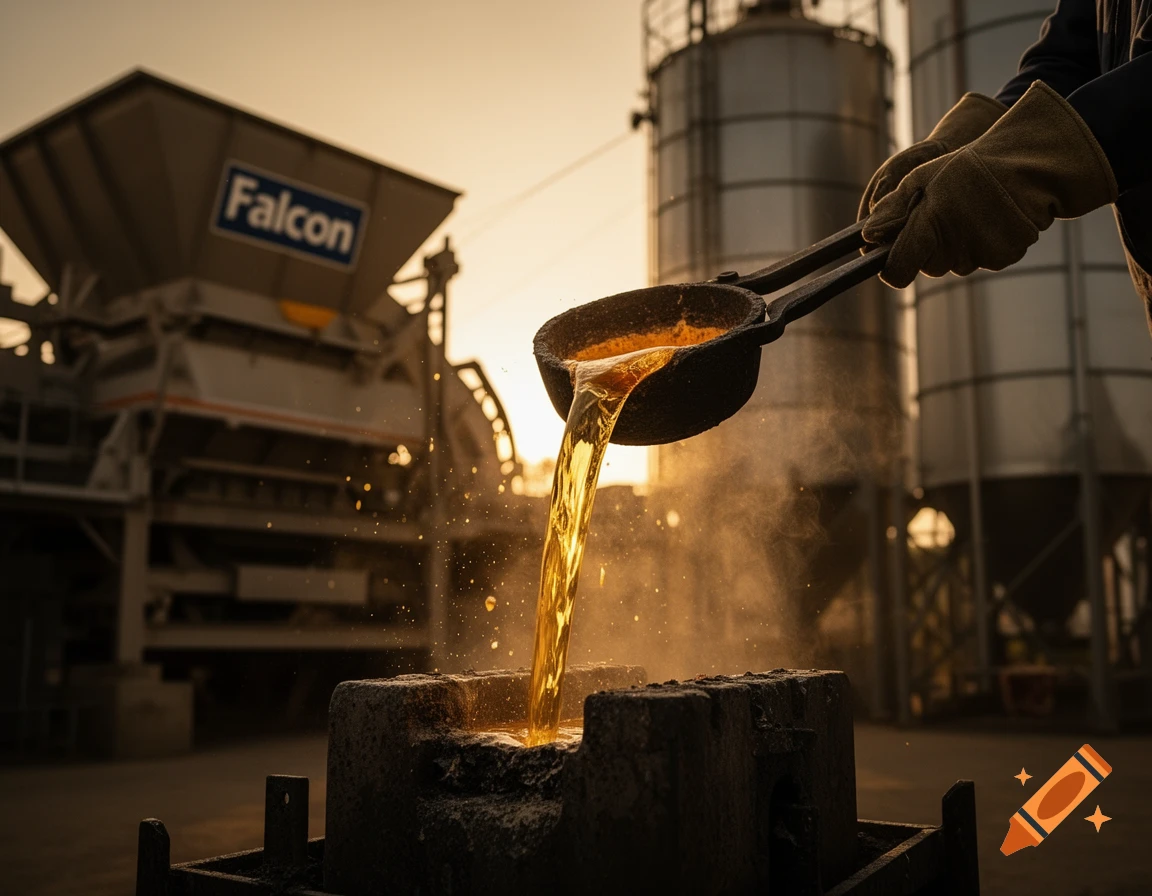 A person in gloves pours molten gold from a crucible into a mold in an industrial setting, with dramatic golden hour lighting.