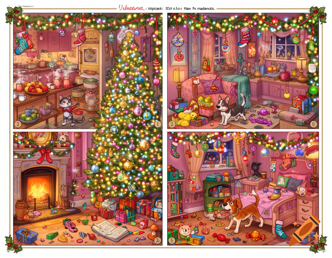 A colorful, detailed illustration of a Christmas house interior, split into four panels showing a kitchen, living room with fireplace, and a bedroom. Cats and dogs explore rooms filled with a decorated Christmas tree, presents, toys, and festive garlands, in the style of a children's magazine.
