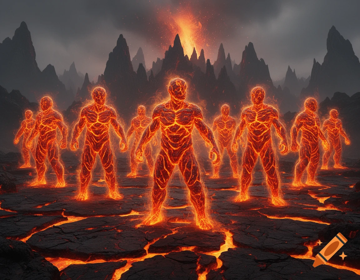 Glowing magma beings stand on cracked lava ground in a dark, fiery volcanic landscape.