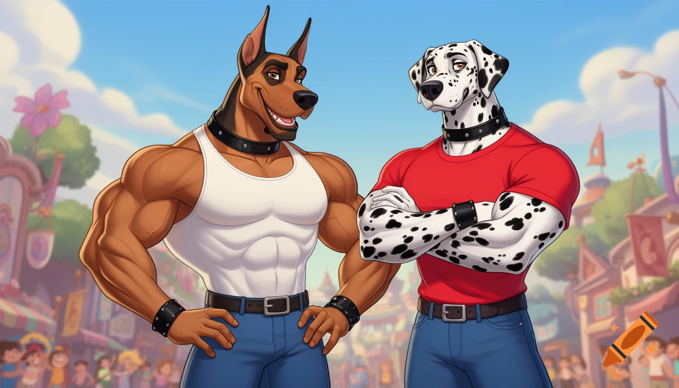 A muscular cartoon Great Dane and Dalmatian, both anthropomorphic, wearing collars and jeans, stand smiling outdoors in a bustling town square.