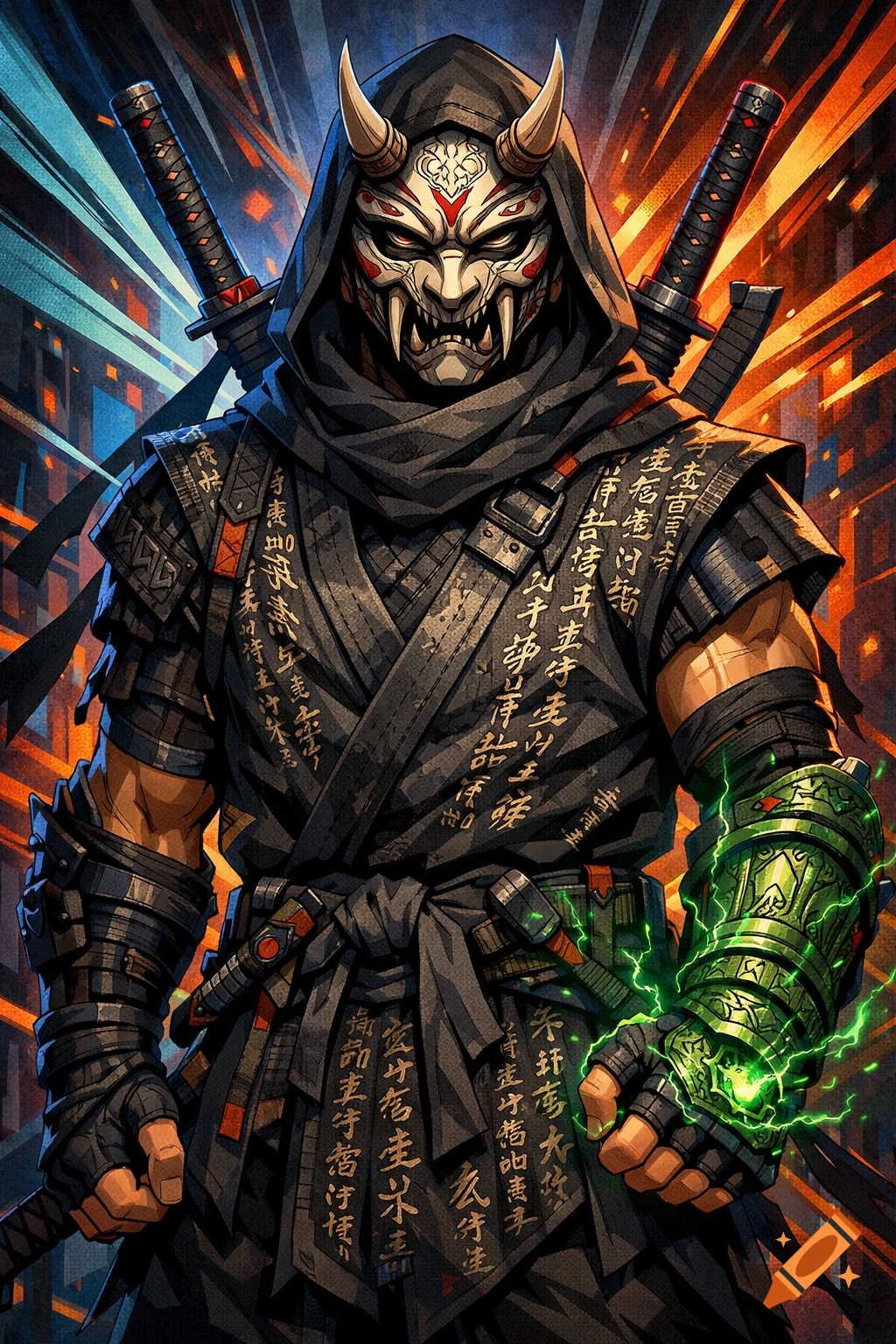 Dynamic, muscular ninja with a horned mask, katanas, and a glowing green gauntlet, in a cyberpunk anime style.