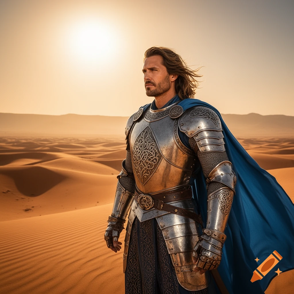 Photorealistic image of a knight in ornate silver and gold armor with a flowing blue cape, standing in a vast, sunlit desert landscape.