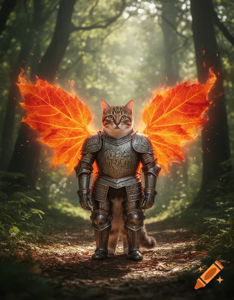A photorealistic cat in ornate armor with glowing fiery leaf wings stands on a forest path.