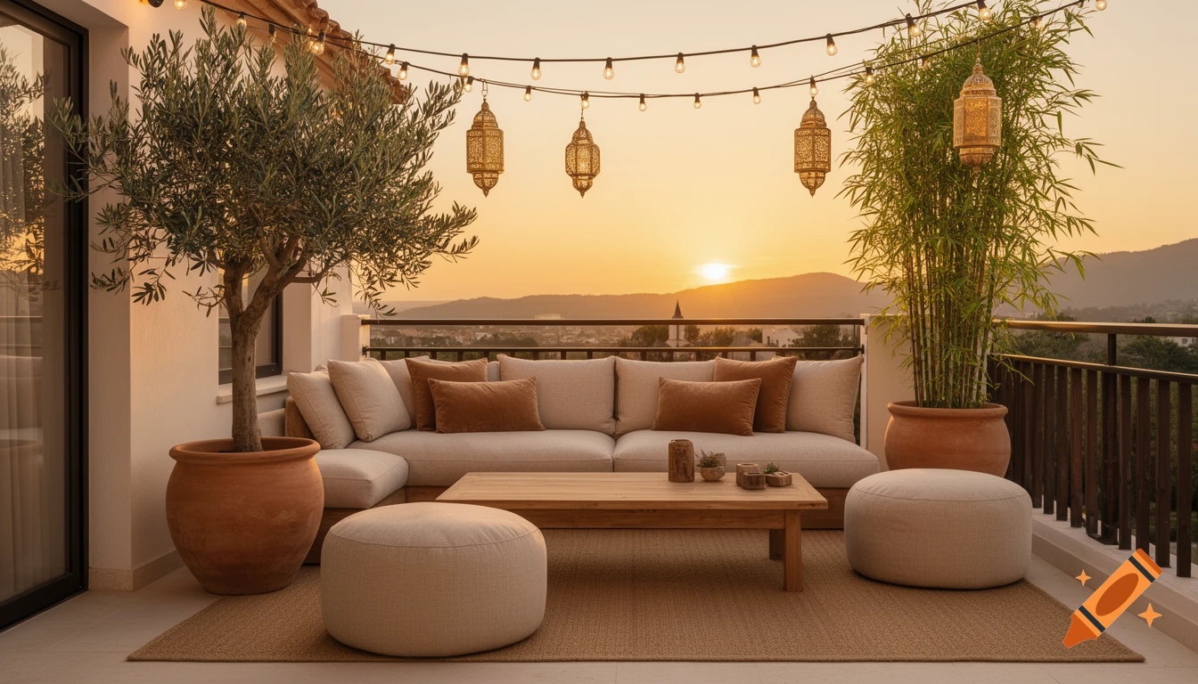 A luxurious Bali Mediterranean style balcony lounge at golden sunset, with a sofa, plants, and lanterns.