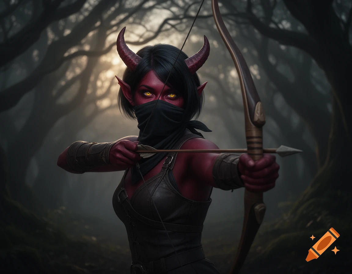 A female Tiefling with dark crimson skin, yellow eyes, and a black bandana aims a shortbow in a dark forest.