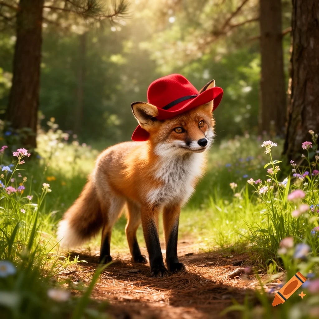 A photorealistic fox wearing a red cowboy hat stands on a sunlit forest ...