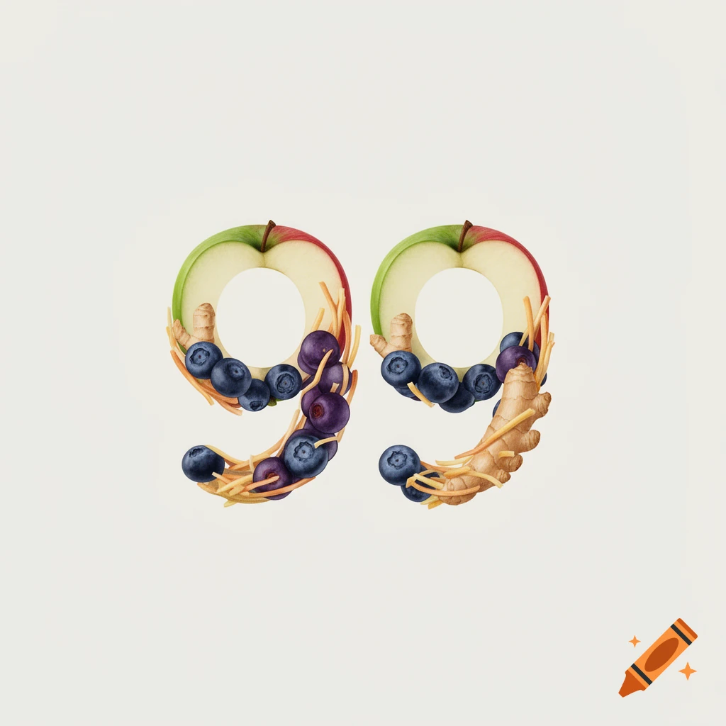 Minimalistic artistic rendering of the number 99, formed from sliced green apples, blue blueberries, and ginger pieces, against a light background.