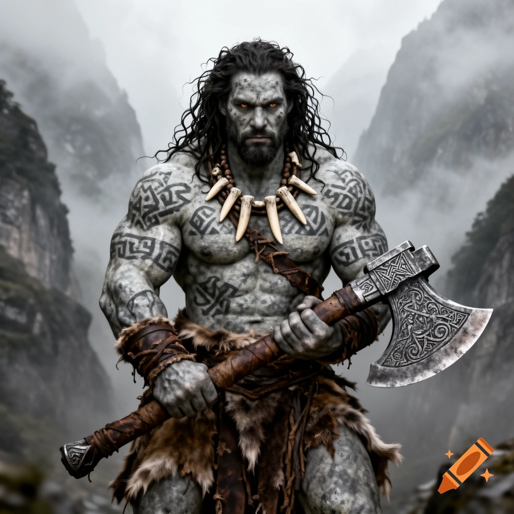 A grey-skinned male barbarian with long dark hair, tribal tattoos, glowing eyes, and a tooth necklace, holding an ornate axe in a misty mountain valley.