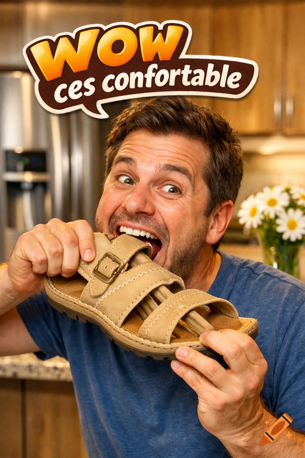 A man comically bites a tan sandal in a kitchen, with a speech bubble saying "WOW ces confortable".