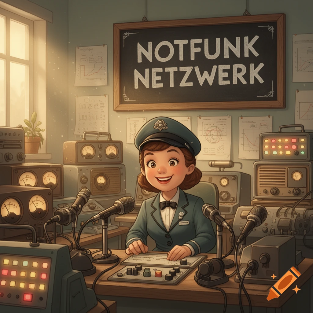 A friendly cartoon woman in a uniform sits at a radio station console with microphones and equipment, under a blackboard reading "NOTFUNK NETZWERK".