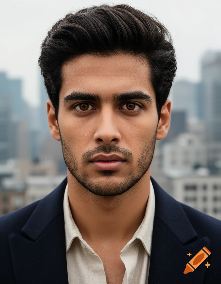 A photorealistic portrait of a young man with dark hair, brown eyes ...