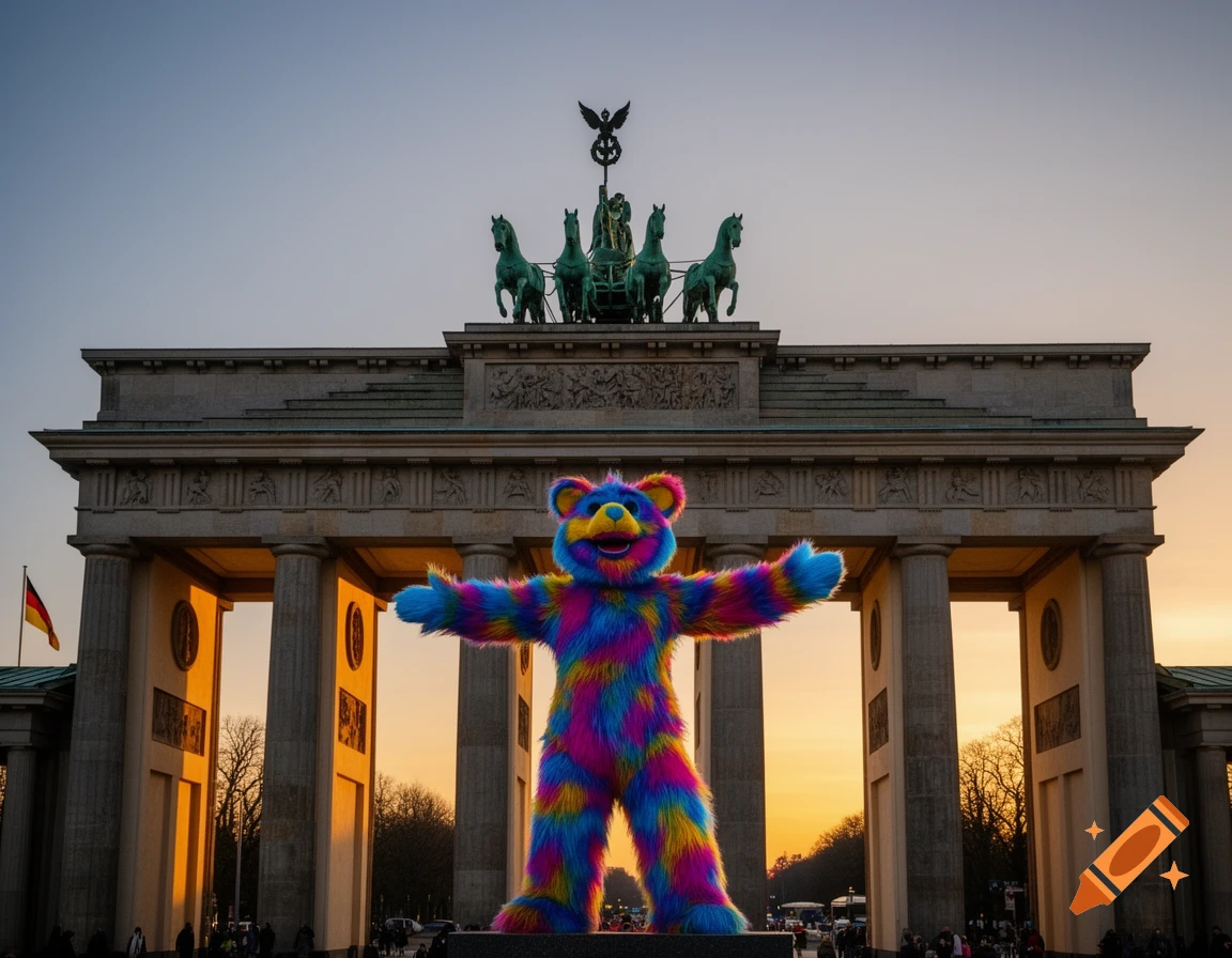 A large, colorful furry character stands with outstretched arms in front of the Brandenburg Gate at sunset, photorealistic.