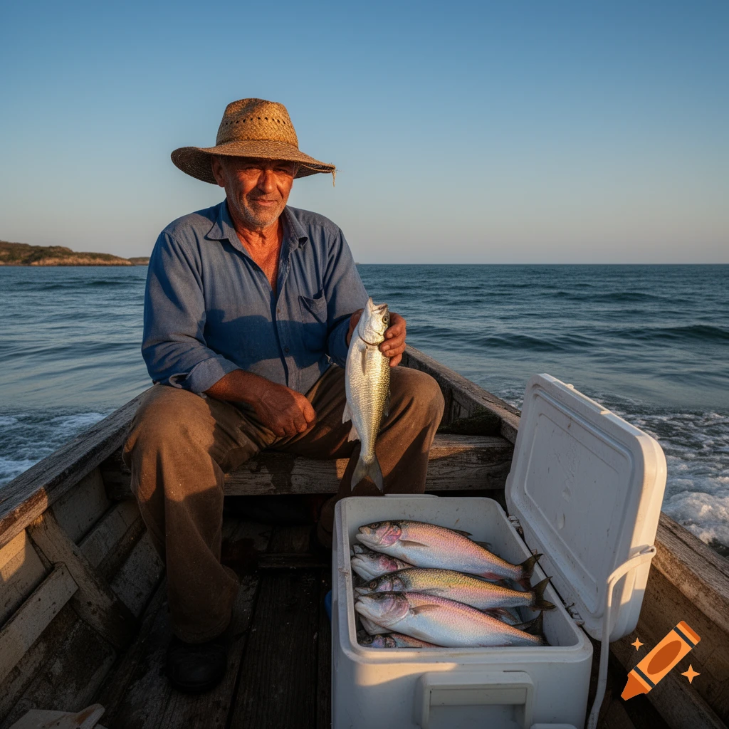An older man in a straw hat sits in a wooden boat at sea, holding a fish, with a cooler full of fish beside him.