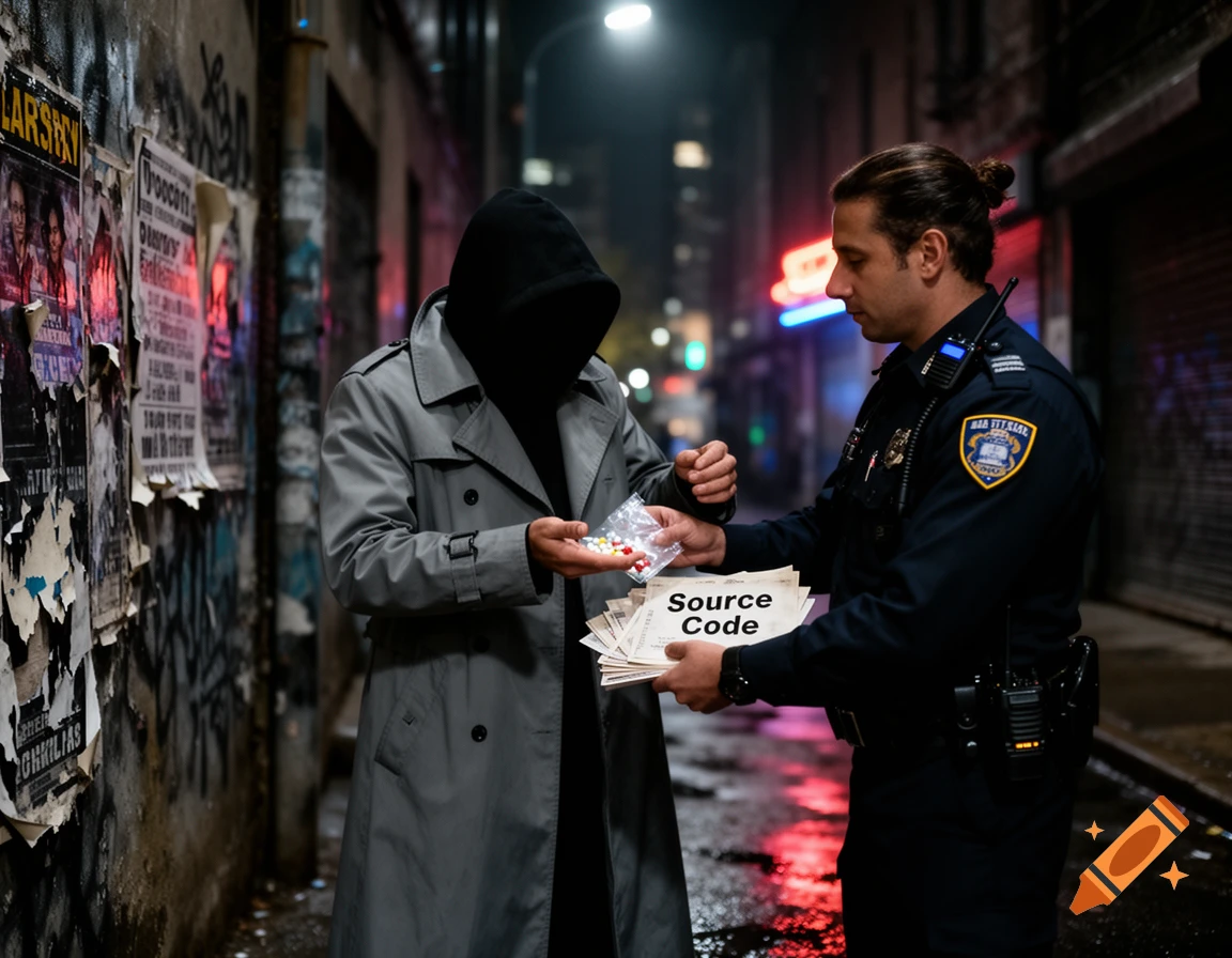 A police officer arrests a hooded figure on a dark street at night. The figure hands over a bag of pills and the officer holds papers labeled 'Source Code'.