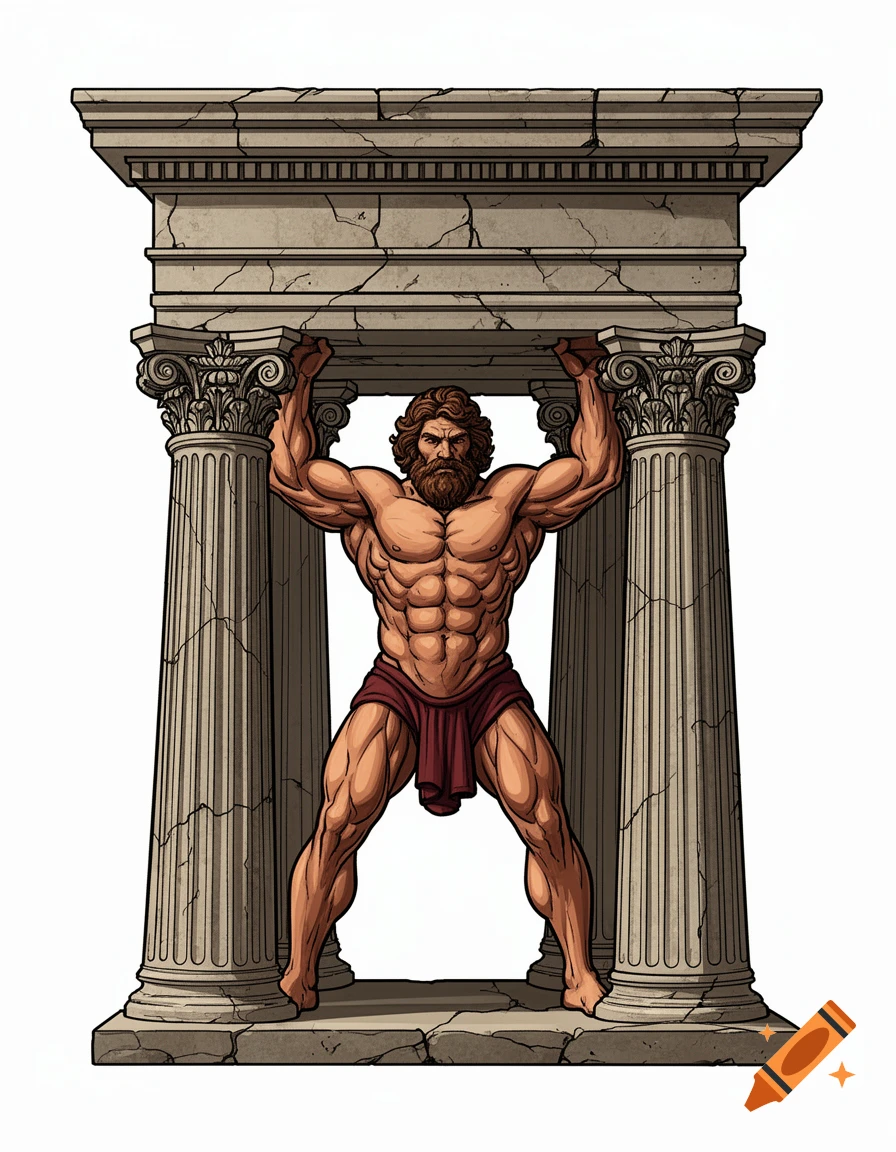 Muscular Samson in a loincloth holds up a stone entablature supported by two cracked pillars, cartoon style.