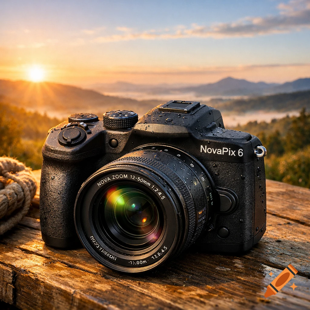 A black NovaPix 6 camera with water droplets on a wet wooden table, overlooking a misty mountain landscape at sunrise, with a rope coil beside it.
