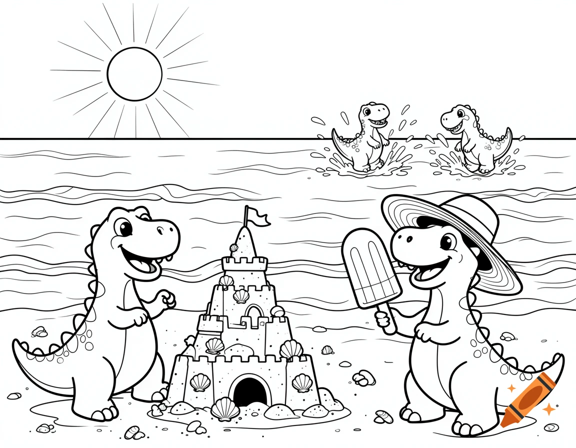 Black and white coloring page of cartoon dinosaurs playing at a sunny beach with a sandcastle and water.