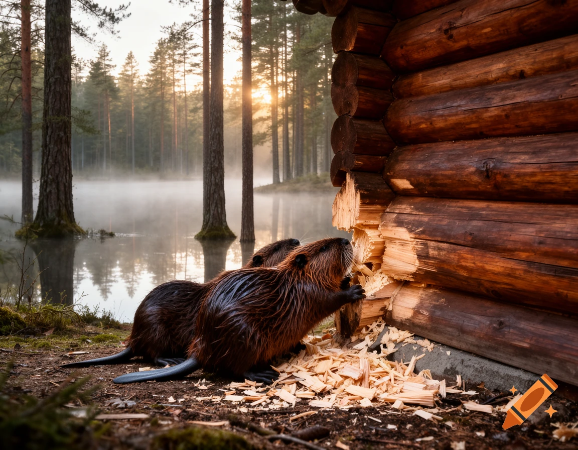 Two beavers chew on the logs of a rustic wooden cabin near a misty forest lake at sunrise, creating wood shavings.