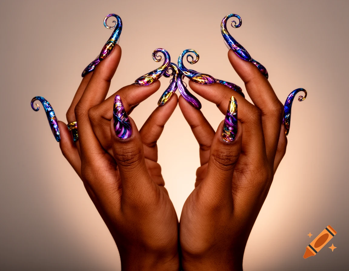 Two hands with iridescent, multi-colored, extremely long and curly ornate nails, against a gradient background.