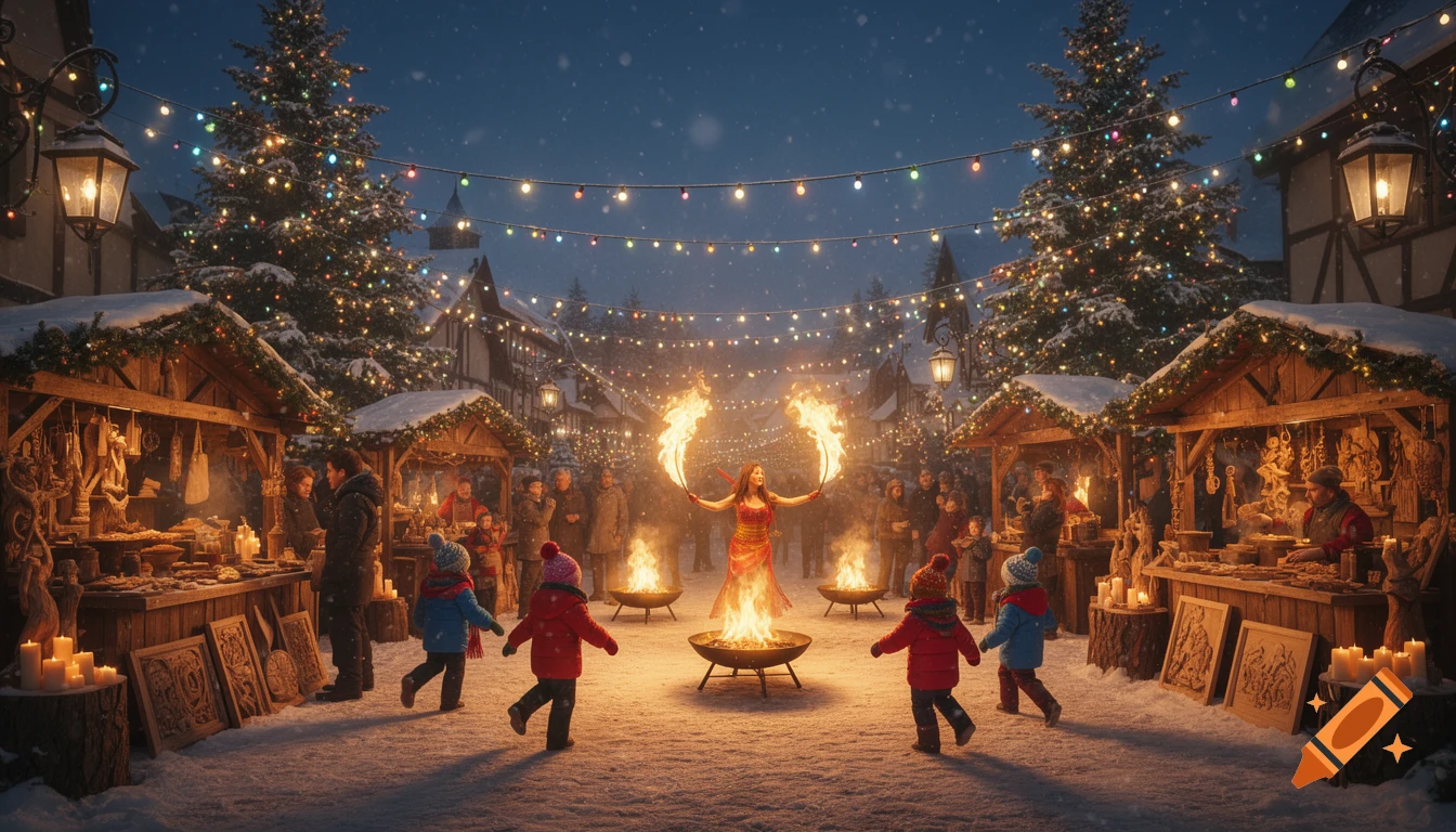 A festive winter market at night with snow, illuminated stalls, Christmas trees, and a fire performer entertaining children.