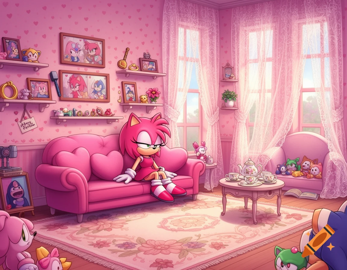 Amy Rose sits on a pink sofa in a very pink, heart-themed living room with large windows, lace curtains, and many framed pictures.