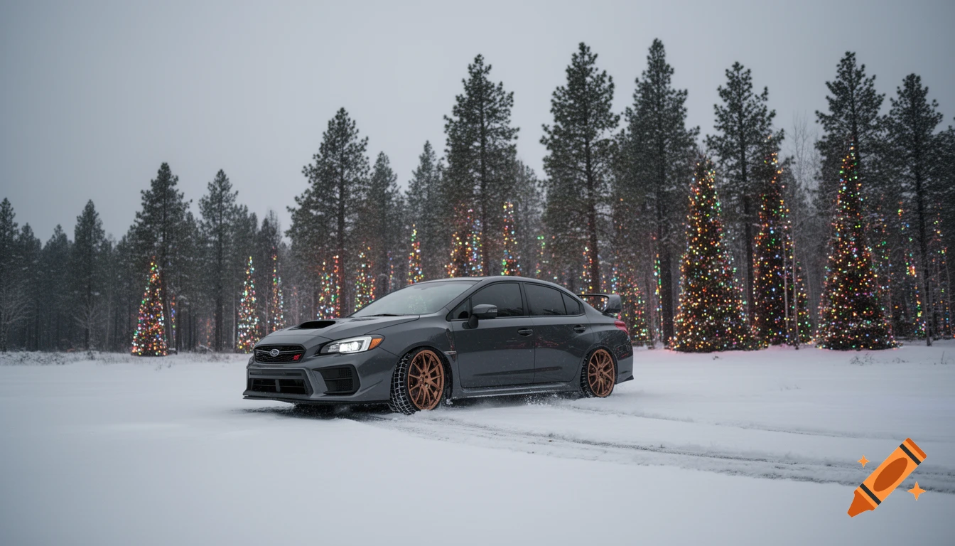 Dark grey Subaru STI sedan on snow with bronze wheels, surrounded by pine trees decorated with colorful Christmas lights.