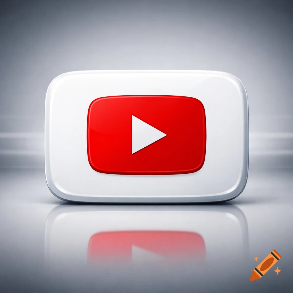 A glossy 3D YouTube play button logo, red and white, on a reflective surface.