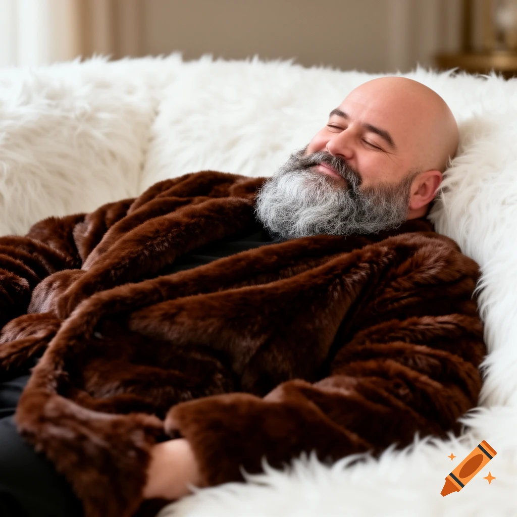 Bald man with a grey beard, wearing a brown fur jacket, relaxing with closed eyes on a white fur couch.