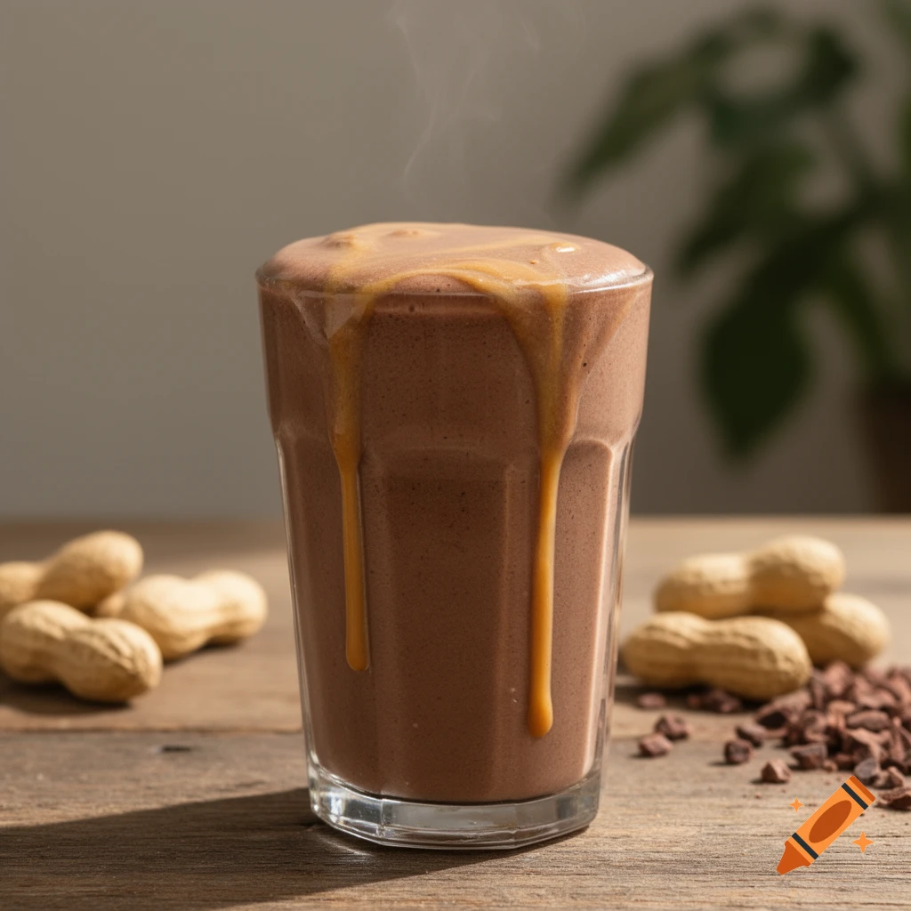A creamy peanut butter cocoa protein shake in a glass, drizzled with peanut butter, on a wooden table with peanuts and cocoa nibs.