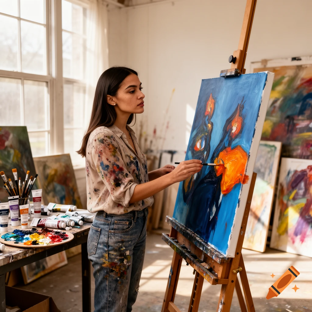 A female artist with paint-splattered clothes works on a vibrant blue and orange abstract painting on an easel in a well-lit studio.