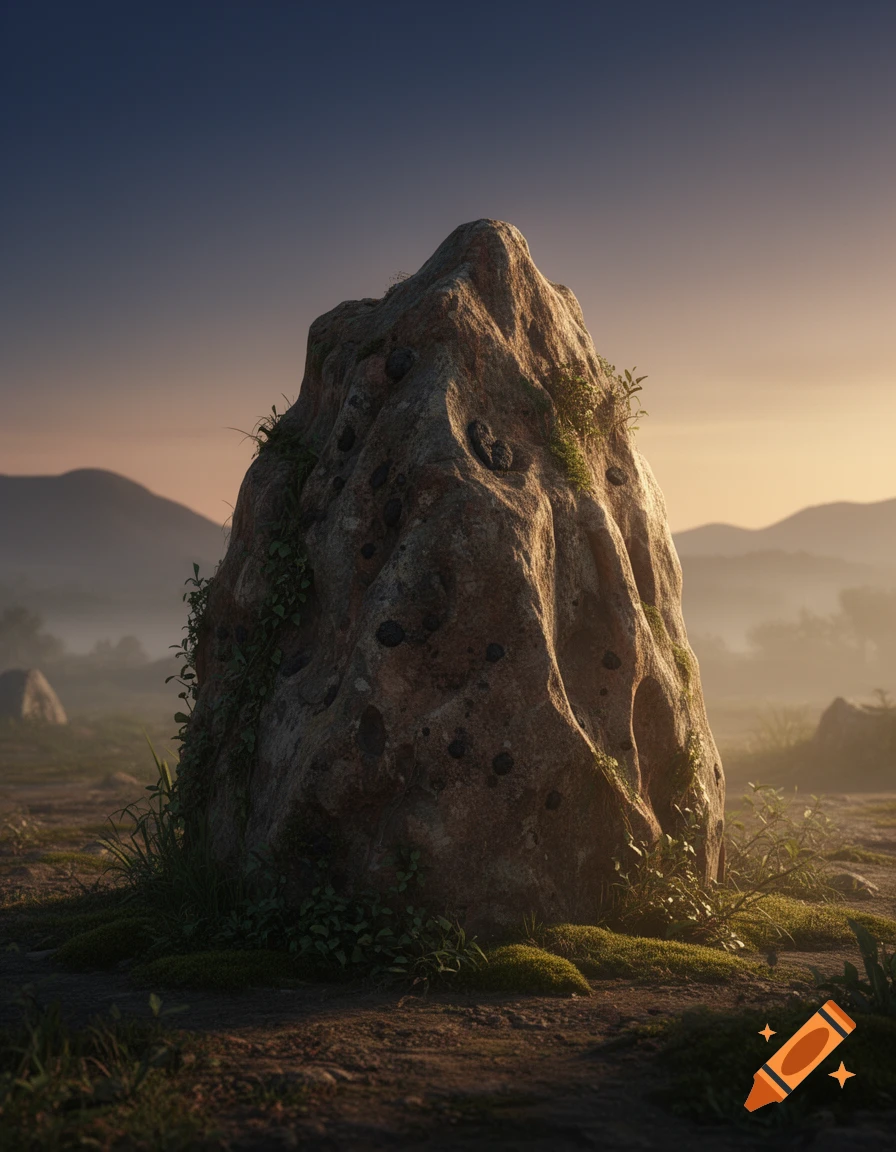 A large, weathered rock covered in moss and vines stands in a grassy field, with misty mountains and a dramatic sky at sunrise.