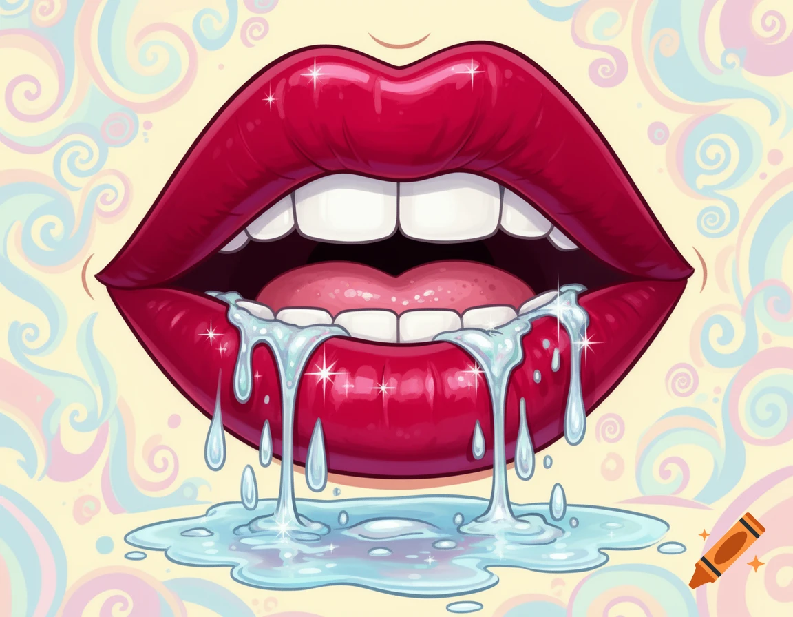 A vibrant cartoon illustration of a mouth with bright red lips, white teeth, and a pink tongue, with clear drool dripping down onto a puddle below. The background features colorful, swirling patterns.