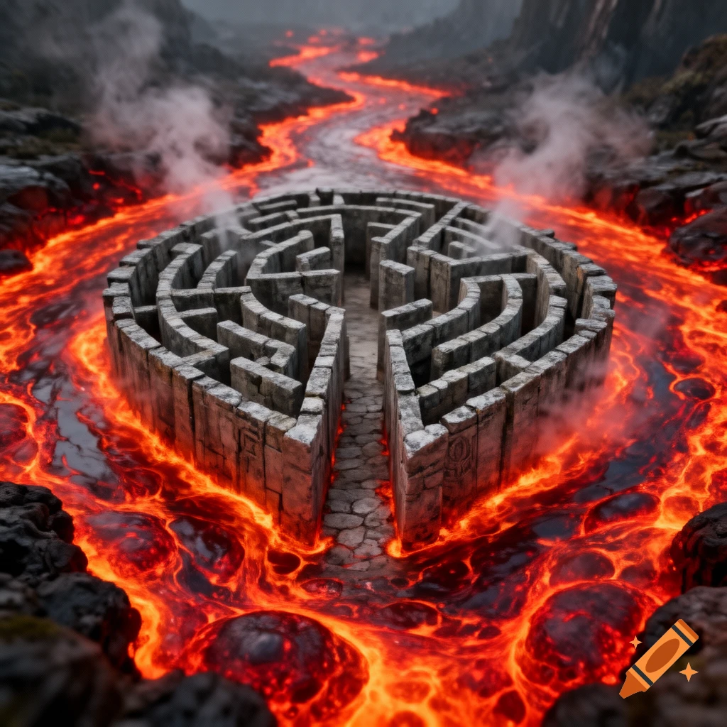 An aerial view of an ancient stone maze surrounded by glowing, flowing lava, with a river of lava extending into a smoky, dark landscape.