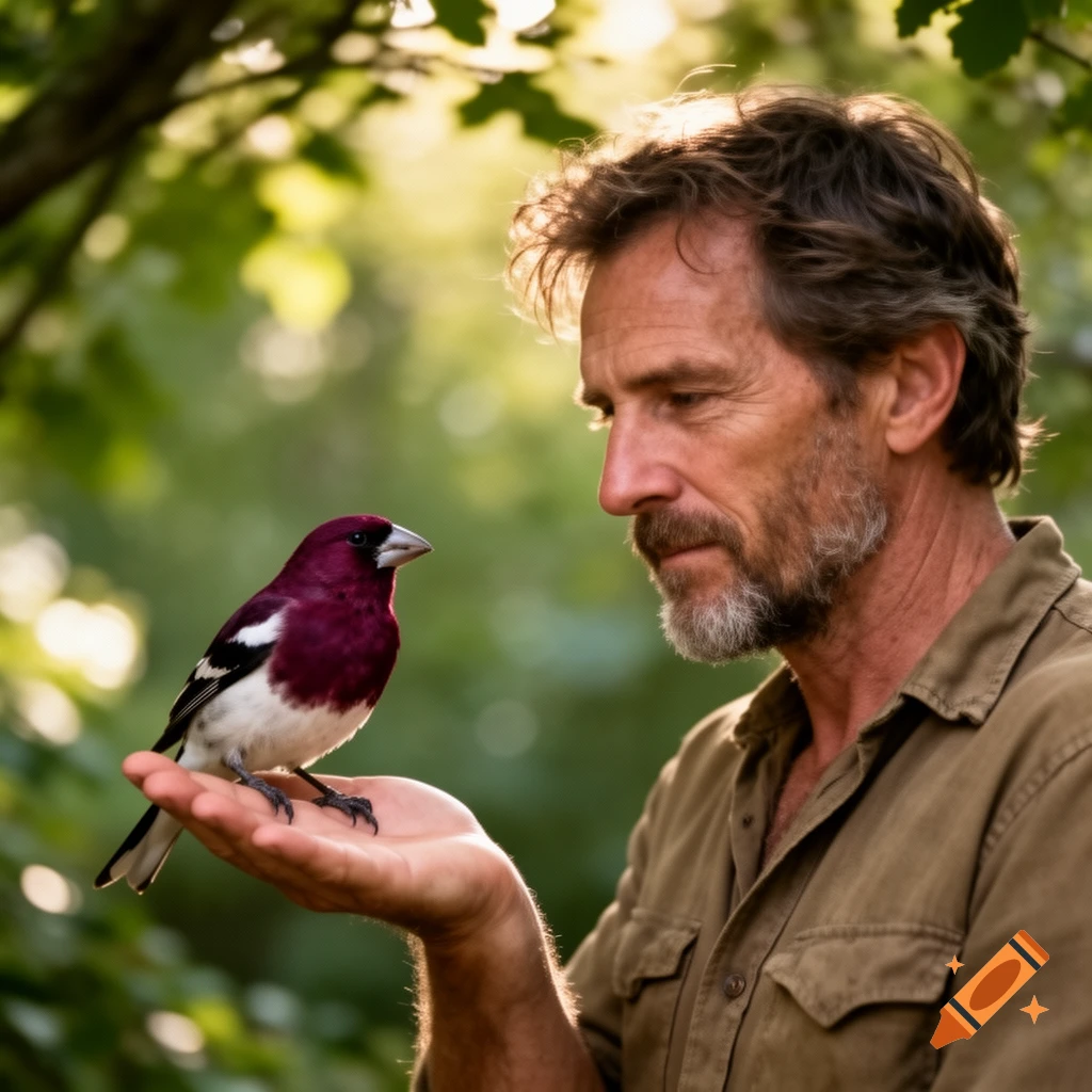 A man gently holds a small purple and white bird in his hand, looking at it against a soft green background with sunlight.
