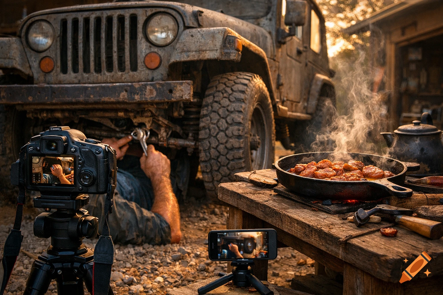 A man lies under a muddy Jeep repairing it while food cooks in a cast iron pan on a wooden table, with cameras recording.