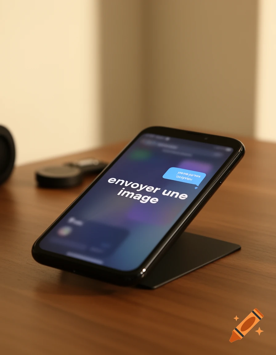 A smartphone on a black stand displays the text "envoyer une image" on its screen, resting on a wooden desk.