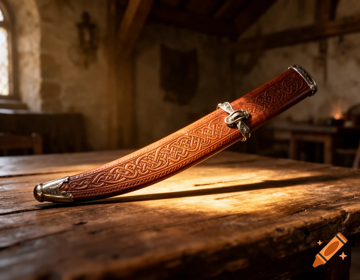 A detailed brown leather scabbard with intricate Celtic knot patterns lies on a rustic wooden table in a dimly lit historical room.