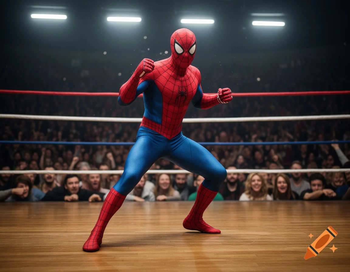 Photorealistic Spider-Man in a red and blue suit, in a boxing stance in a boxing ring surrounded by a crowd.