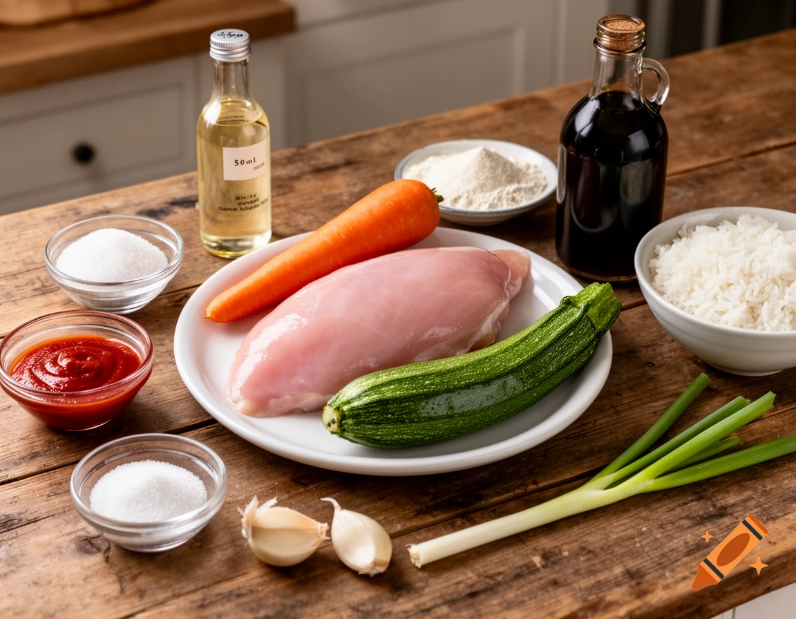 Raw chicken breast, vegetables, and other cooking ingredients like vinegar, soy sauce, rice, and tomato puree laid out on a rustic wooden table.
